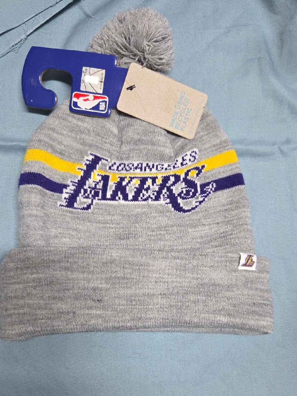 NBA Los Angeles Lakers Gray Knit Pom Beanie with Purple and Gold Stripes